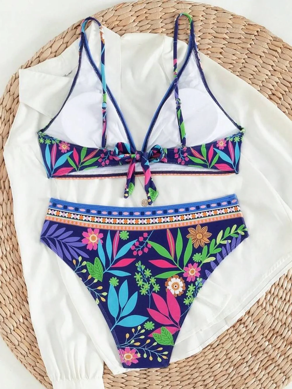 Floral High-Waist Bikini Set in Navy Blue